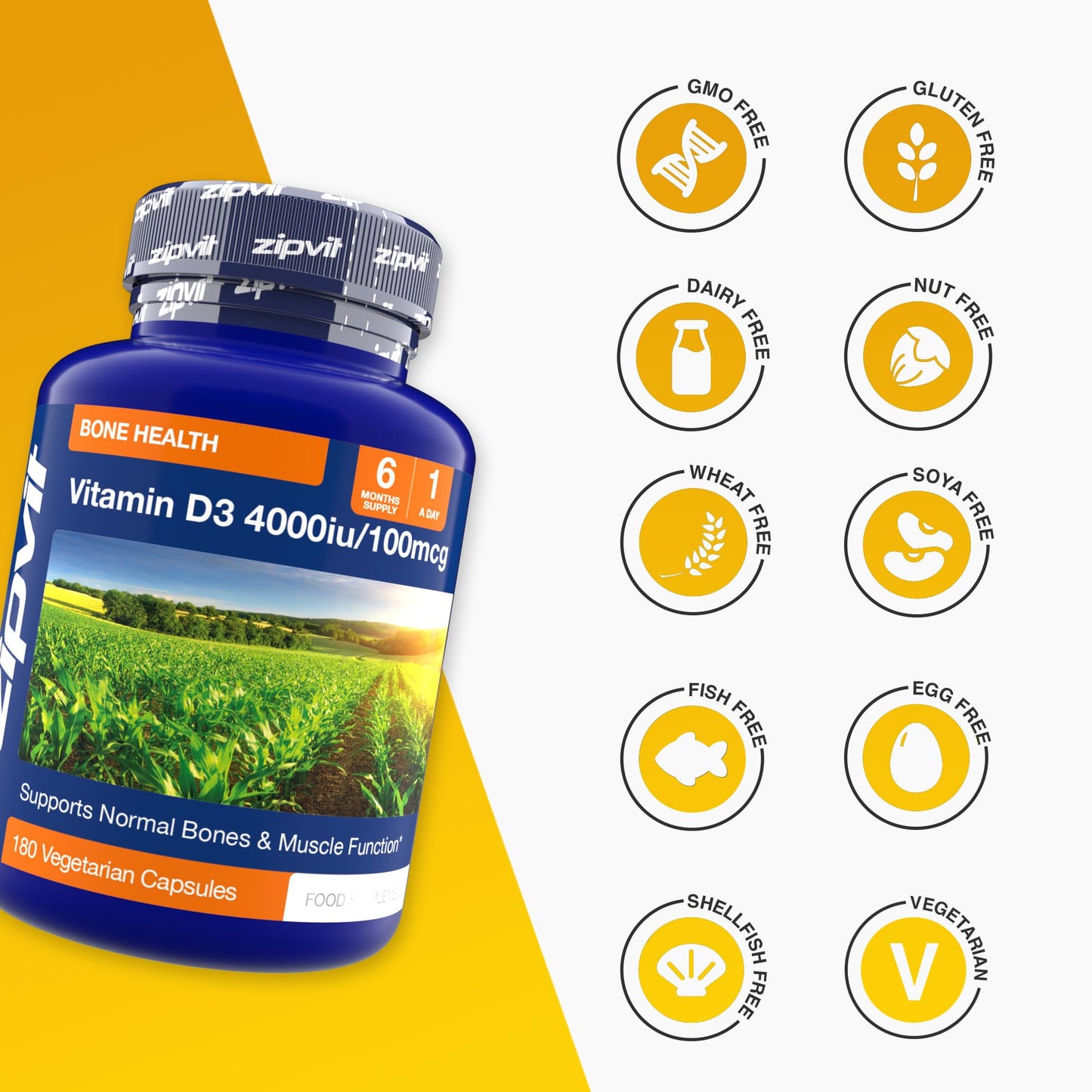 Zipvit Vitamin D3 4000IU Softgels, High Strength Vitamin D Supplement, Immune Support, 6 Months Supply, 180 Vegetarian Easy to Swallow Softgels