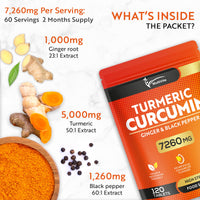 Multivita Turmeric Curcumin Tablets 7,260mg Per Serving - 95% Curcuminoids 2 Months Supply - with Ginger & Active Curcumin including Black Pepper to Aid Absorption - High Strength Tumeric Supplement - Vegan UK