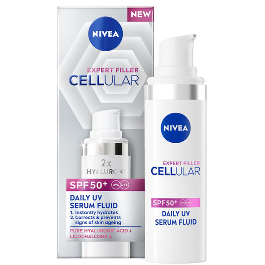 NIVEA Cellular Expert Filler Daily UV Serum Fluid SPF 50+ (30ml), Hydrating Anti-Ageing Cream with Sun Protection and Hyaluronic Acid, Face Sun Cream to Smooth Fine Lines and Wrinkles