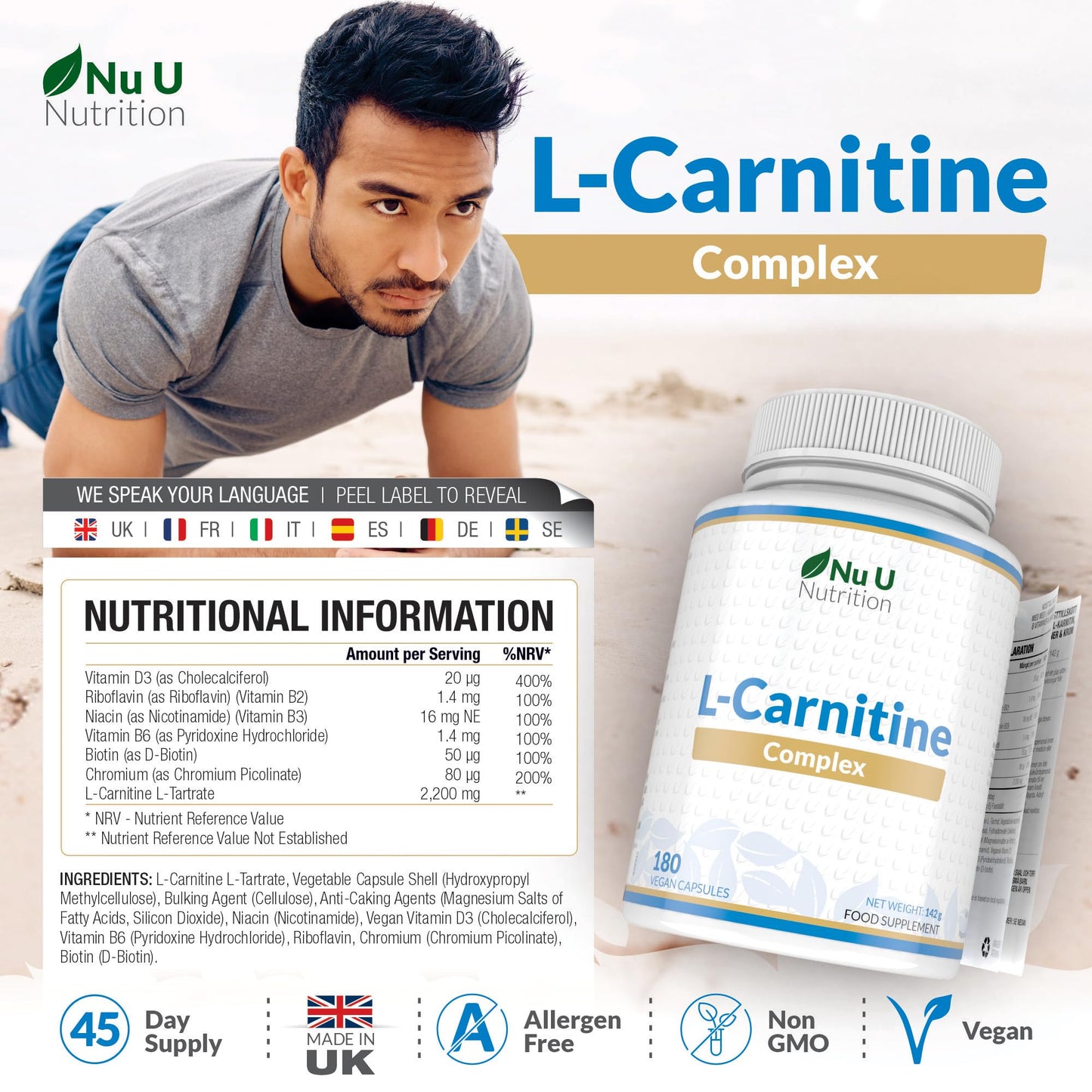 L-Carnitine Complex 2200mg - 180 High Strength Vegan Capsules - with Riboflavin, Biotin, Chromium, Vitamin D, B3 & B6 - L Carnitine Tartrate Supplement - Made in The UK - Nu U Nutrition