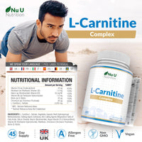 L-Carnitine Complex 2200mg - 180 High Strength Vegan Capsules - with Riboflavin, Biotin, Chromium, Vitamin D, B3 & B6 - L Carnitine Tartrate Supplement - Made in The UK - Nu U Nutrition