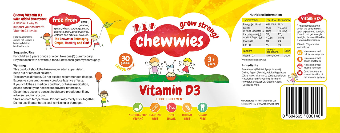 Vitamin D - Chewable Gummies- Vegetarian, Vegan, Halal, Sugar Free & Gluten Free, Non-GMO - for Adults and Children to Support Healthy Growth and Development by Chewwies Vitamins
