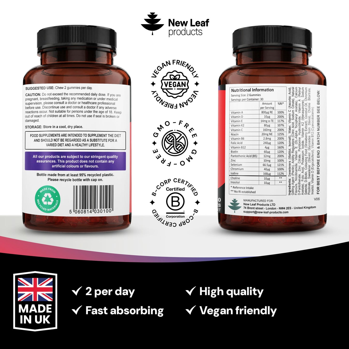 NEW LEAF PRODUCTS Chewable Vegan Multivitamin Gummies - Non Sugar Coated, Gluten Free, Non-GMO Multivitamins for Men and Woman - Fortified with Vitamins C A D E B Biotin, Folate, & Zinc