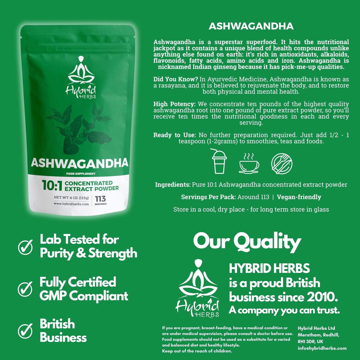 Hybrid Herbs HYBRID HERBS – ASHWAGANDHA HIGH Strength Powder (113g) – Supplement for Stamina, Energy, Calm, Sleep Aid, Adaptogen with Withanolides - 10X Strength Extract - 113 Servings