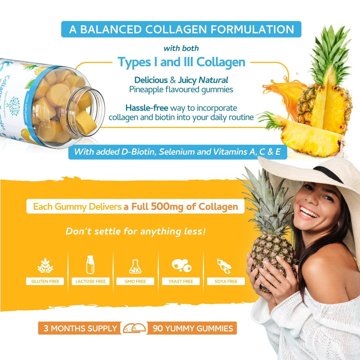 swiss bioenergetics Collagen Complex - 90 Natural Pineapple Flavour Chewable Yummy Gummies - One a Day 500mg Hydrolysed Collagen, Biotin, Vitamin C and Selenium – Healthy Skin and Hair for Men and Women – UK Made