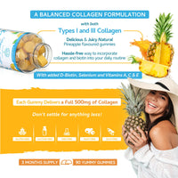 swiss bioenergetics Collagen Complex - 90 Natural Pineapple Flavour Chewable Yummy Gummies - One a Day 500mg Hydrolysed Collagen, Biotin, Vitamin C and Selenium – Healthy Skin and Hair for Men and Women – UK Made
