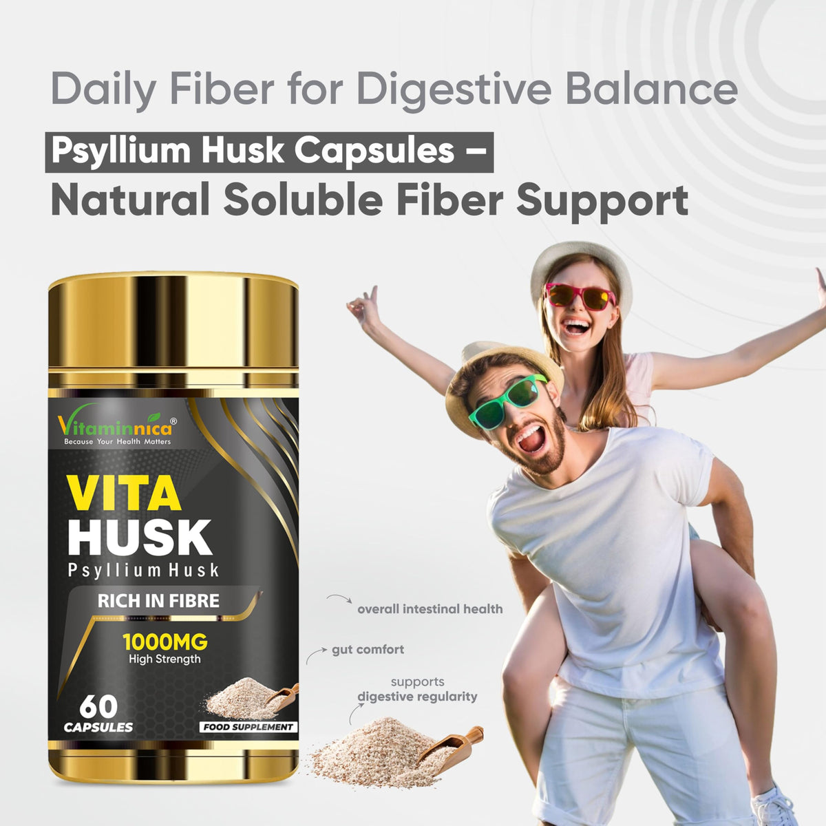 Vitaminnica Because your Health Matters Vitaminnica Vita Husk Pysllium Husk Supplement 1000mg- High Fibre Supplement for Digestive Health, Regularity & Weight Management- Vegan & Gluten-Free - 60 Capsules