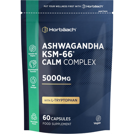 Horbäach Ashwagandha KSM-66 Complex 5000mg | Enhanced with Amino Acids and B Vitamins (B1, B2, B3, B6 & B12) | Calm Formula for Men & Women | 60 Vegan Capsules | by Horbaach