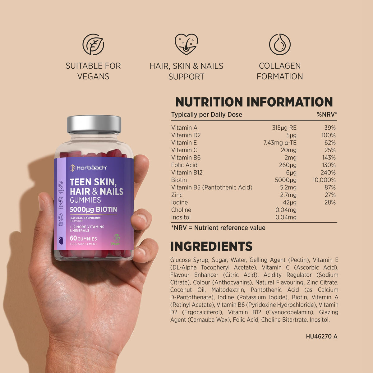 Horbäach Hair Skin Nail Gummies for Teens | 60 Count | Raspberry Flavour | 5000ug of Biotin for Hair Growth | with Folic Acid, Inositol, Choline & More | Suitable for Vegans | by Horbaach