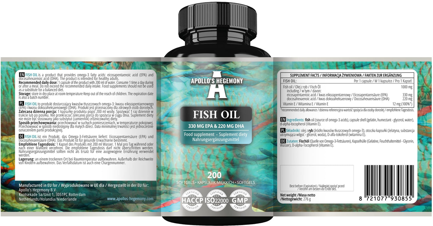 APOLLO'S HEGEMONY Fish Oil 1000mg - High Dose Omega 3 with 330mg EPA and 220mg DHA - 200 Softgel Capsules - 6 Months Supply - Unsaturated Fatty Acids (EFAs) - Supports Heart and Brain Health - by Apollo's Hegemony