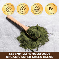 Sevenhills Wholefoods Organic Super Greens Blend 200g with Spirulina, Chlorella, Wheatgrass, Barley Grass | Supports Skin, Immunity & Reduce Tiredness | 40 Servings | UK Made