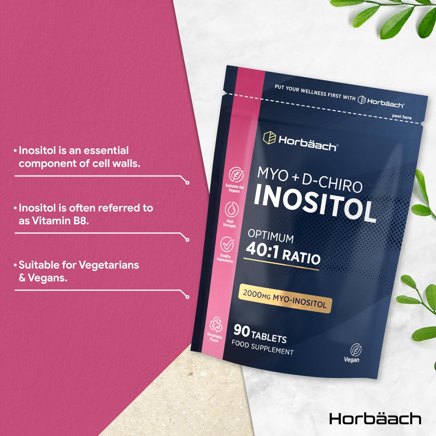 Horbäach Myo Inositol D Chiro Inositol | 90 Vegan Tablets | Powder Alternative | High Strength 2000mg Myo-Inositol | Optimum 40:1 Ratio | Letter-Box Friendly Packaging | by Horbaach