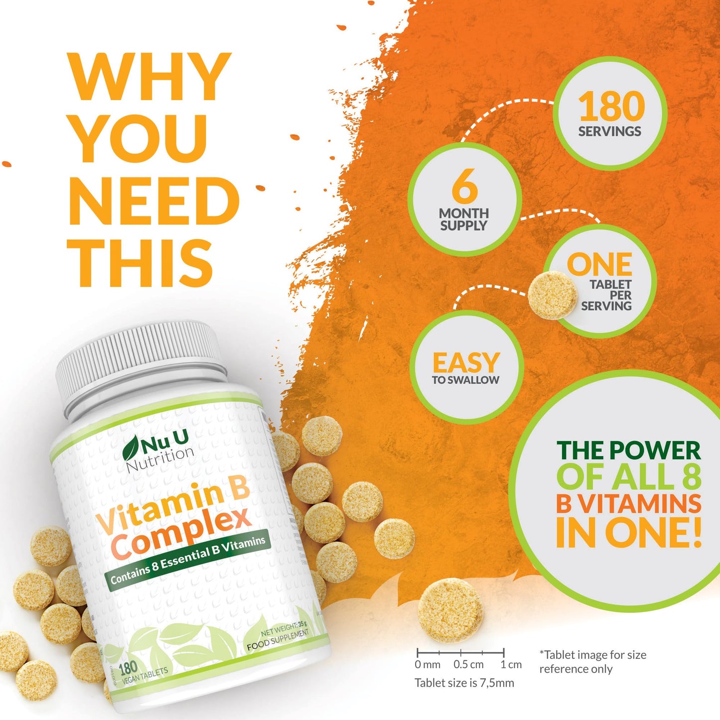 Vitamin B Complex High Strength - 180 Vegan Tablets - 6 Month Supply - Contains all 8 B Vitamins in 1 Tablet - Vitamins B1, B2, B3, B5, B6, B12, Biotin & Folic Acid - Nu U Nutrition