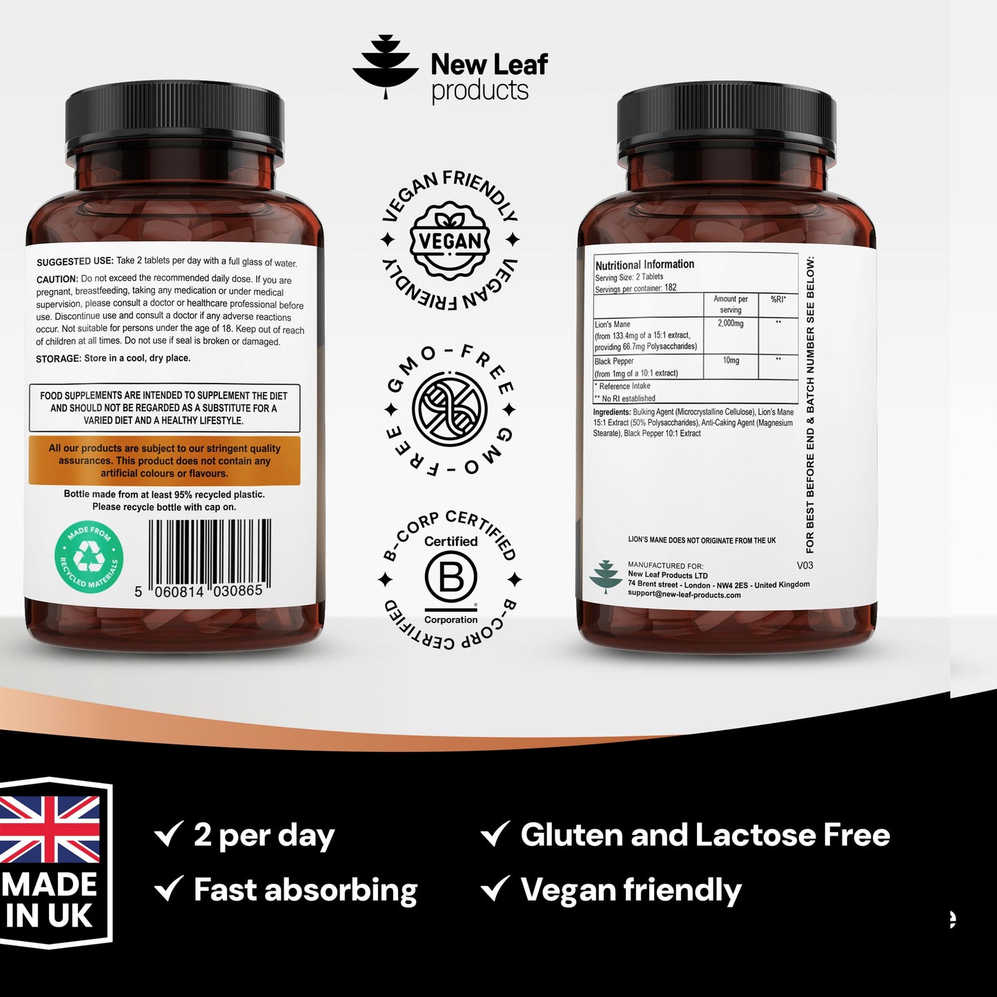 NEW LEAF PRODUCTS Lions Mane Mushroom 2000mg - 365 High Strength Vegan Tablets - Lion's Mane Supplement with Black Pepper - Lion's Mane Mushrooms Extract (Not Powder or Capsules) Made in The UK by New Leaf Products