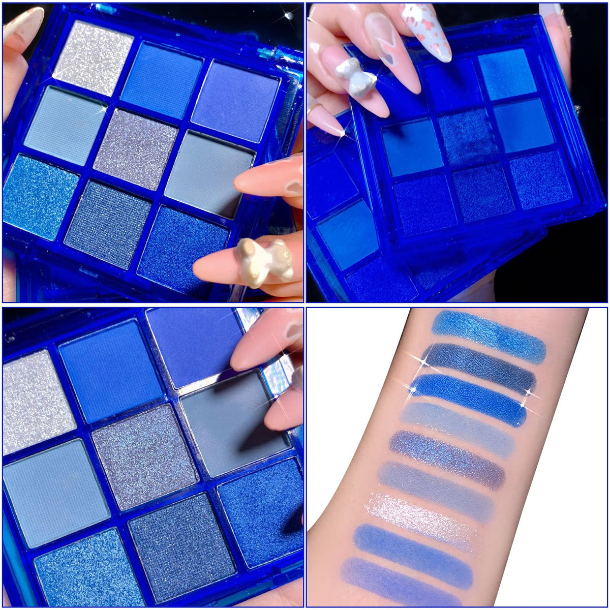 Fychuo Blue Eyeshadow Palette Glitter Eyeshadow Royal Blue Eye Shadow Pallets for Women Navy Blue Eyeshadow Sparkle 9 Colors Eye Makeup Shiny Shimmer Waterproof Palettes