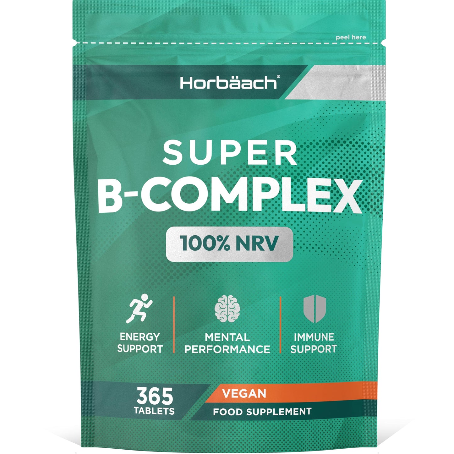 Horbäach Vitamin B Complex | 365 Tablets | 100% NRV of All B Vitamins B1, B2, B3, B5, B6, B12, Folic Acid and Biotin | Vegan Supplement | by Horbaach
