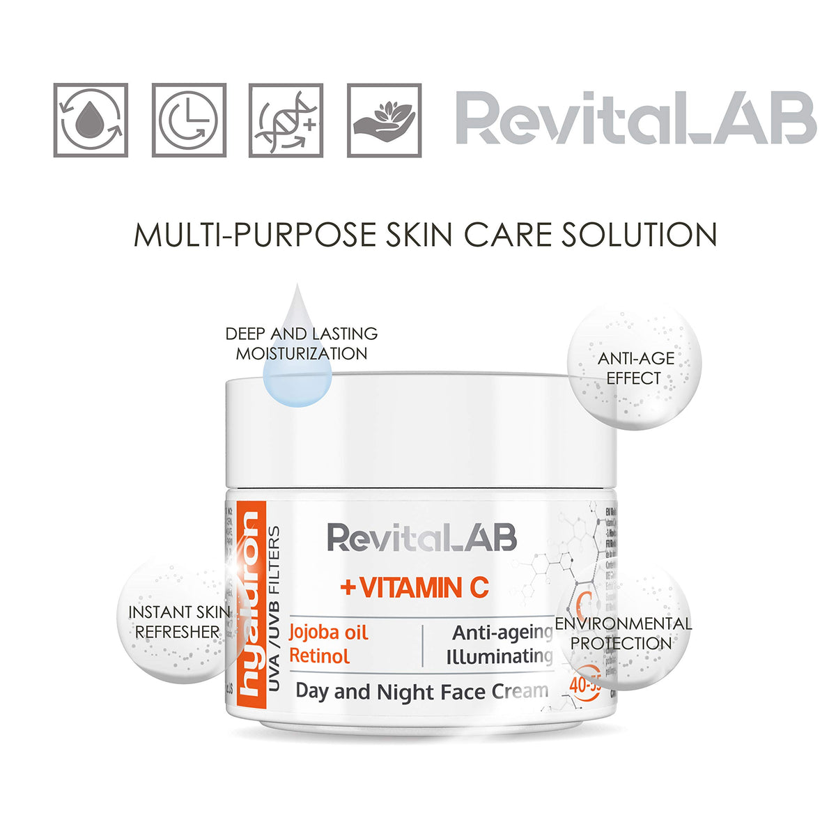 RevitaLAB Hyaluron Anti-Ageing Day and Night Cream, Enriched with Vitamins A, B3, B5, E, C, Jojoba Oil and UV Filters, for Ages 40 – 55, 50 ml