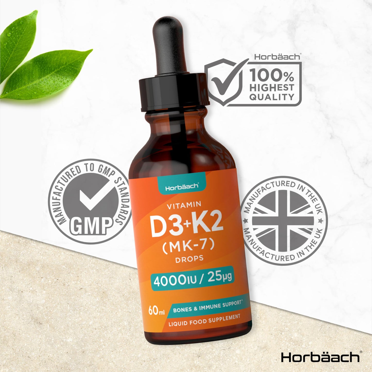 Vitamin D3 K2 Drops | 60mL | High Strength Vitamin D3 4000iu and K2 25ug | No Artificial Preservatives | Suitable for Vegetarians | by Horbaach