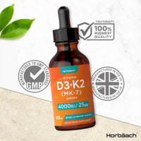 Vitamin D3 K2 Drops | 60mL | High Strength Vitamin D3 4000iu and K2 25ug | No Artificial Preservatives | Suitable for Vegetarians | by Horbaach