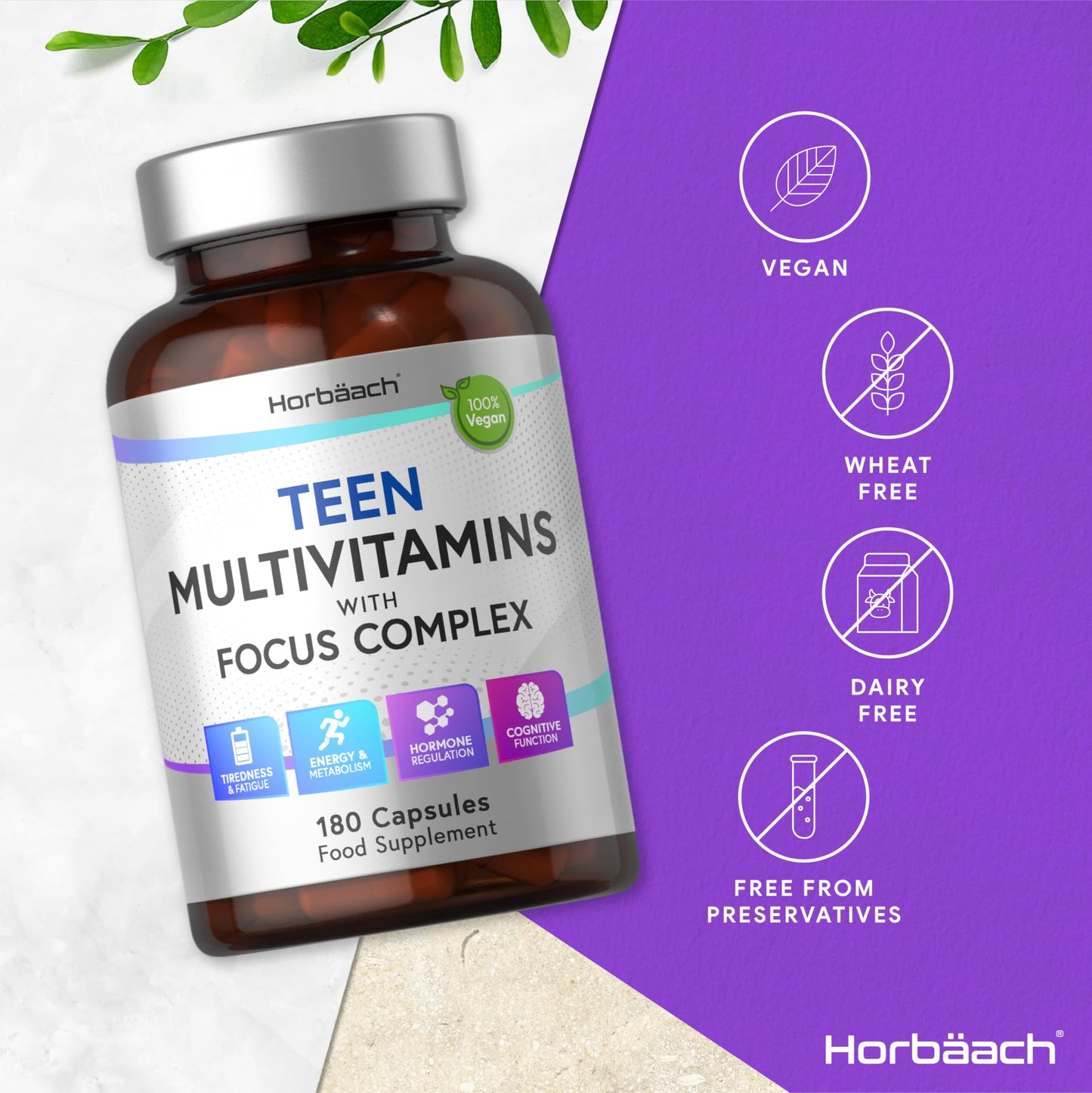 Multivitamin Tablets for Teens | 180 Capsules | Focus Complex for Energy, Hormone and Cognitive Support | Vegan Supplement for Teenage Boys & Girls | by Horbaach
