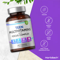 Multivitamin Tablets for Teens | 180 Capsules | Focus Complex for Energy, Hormone and Cognitive Support | Vegan Supplement for Teenage Boys & Girls | by Horbaach