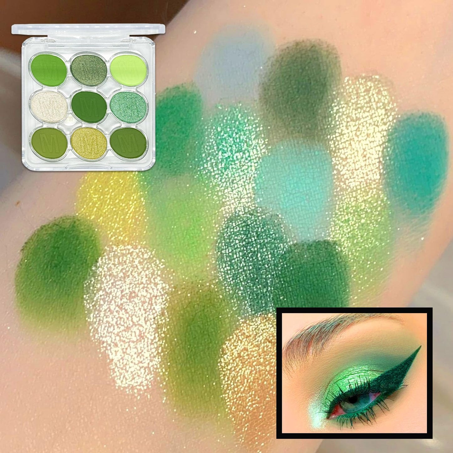 LYNTYAOU Green Eyeshadow Palette, Shimmer Matte Eye Shadow, Highly Pigmented Matte Shimmering Cool Make-Up Palettes, 9 Colour Waterproof, Longlasting Party Makeup, Eye Shadow Pallets for Women