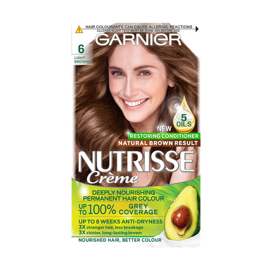 Garnier Nutrisse Permanent Hair Dye, Natural-looking, hair colour result, For All Hair Types, 6 Light Brown