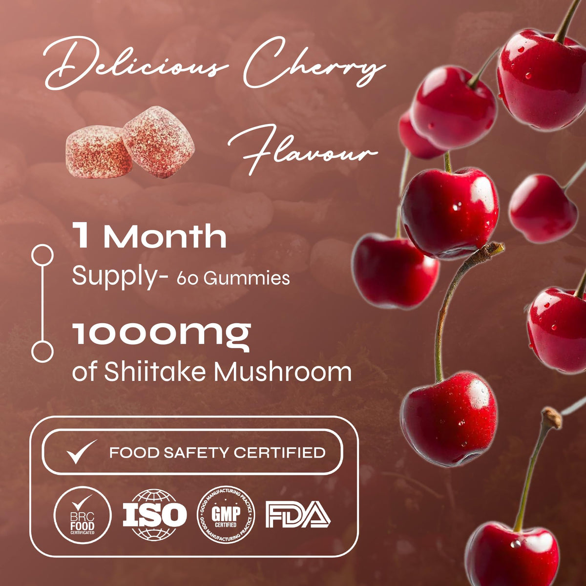 Known Tasty Shiitake Gummies - 1000mg Shiitake Mushroom, Zinc - Hair, Skin & Nails - Natural Cherry Flavour - 60 Vegan Gummies, 1 Month Supply