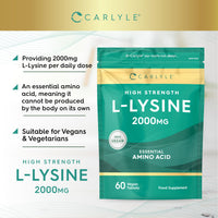 L-Lysine 2000mg Tablets | 60 Count | High Strength Vegan Supplement | Essential Amino Acid | by Carlyle