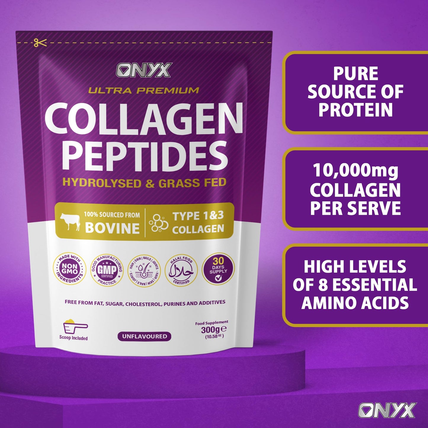 ONYX INGREDIENTS 101 Premium Collagen Powder (Type I, III) Hydrolysed Bovine Collagen Peptides Powder - Halal Certified - 19 Amino Acids - High Levels of All 8 Essential Amino Acids & BCAAs - 150g