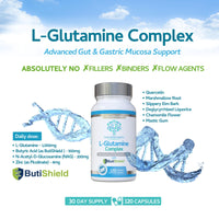 swiss bioenergetics L-Glutamine Complex with Butyric Acid, Glucosamine (N-Acetyl-D), Marshmallow Root, Slippery Elm Bark, Liquorice Root, Chamomile Flower, Mastic Gum, Quercetin & Zinc - UK Made and No Artificial Nasties