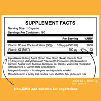 ICON Nutrition ICON - High Strength Vitamin D3 4000 IU and K2 Vitamin 100μg MK7-6 Month Supply 180 Vitamin D K2 Capsules - Made in The UK, Vegetarian VIT D3 and Vitamin K2 Capsules