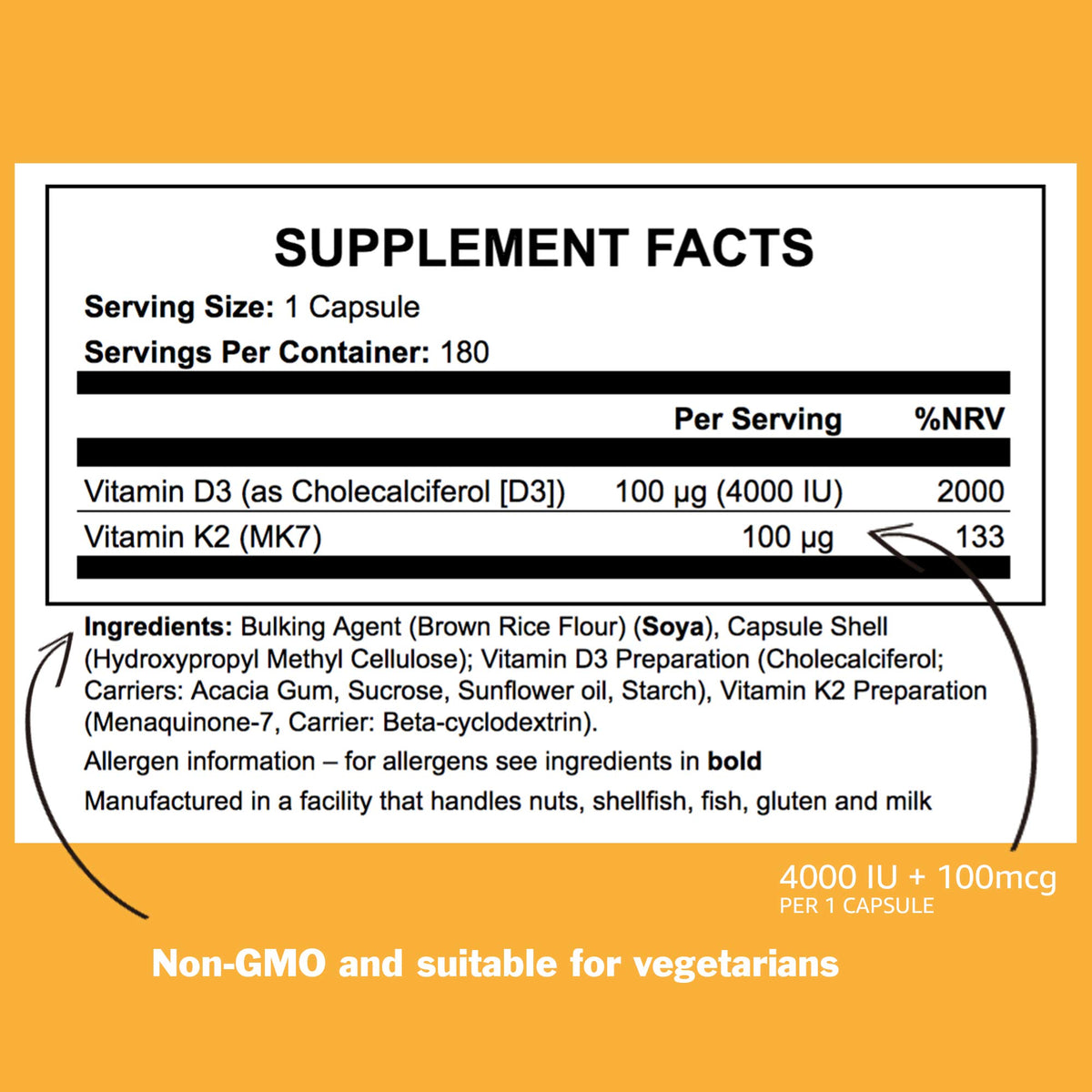 ICON Nutrition Vitamin K2 D3 Supplement, Vitamin D3 4000 IU and K2 Vitamin 100μg MK7 Capsules, Vegetarian Supplement, High Strength, Bone & Immune Health - 180 Count (6 Month Supply)