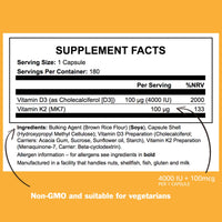 ICON Nutrition Vitamin K2 D3 Supplement, Vitamin D3 4000 IU and K2 Vitamin 100μg MK7 Capsules, Vegetarian Supplement, High Strength, Bone & Immune Health - 180 Count (6 Month Supply)