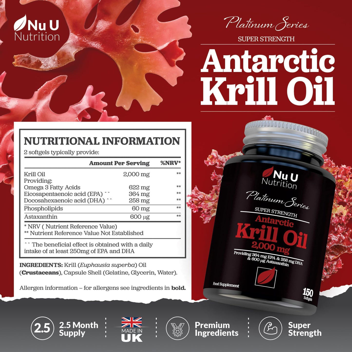 Antarctic Krill Oil Super Strength 2000mg - 150 Softgels Capsules - with Astaxanthin & Phospholipids - Omega 3 Fish Oil Alternative - Source of EPA & DHA - Made in the UK - Nu U Nutrition