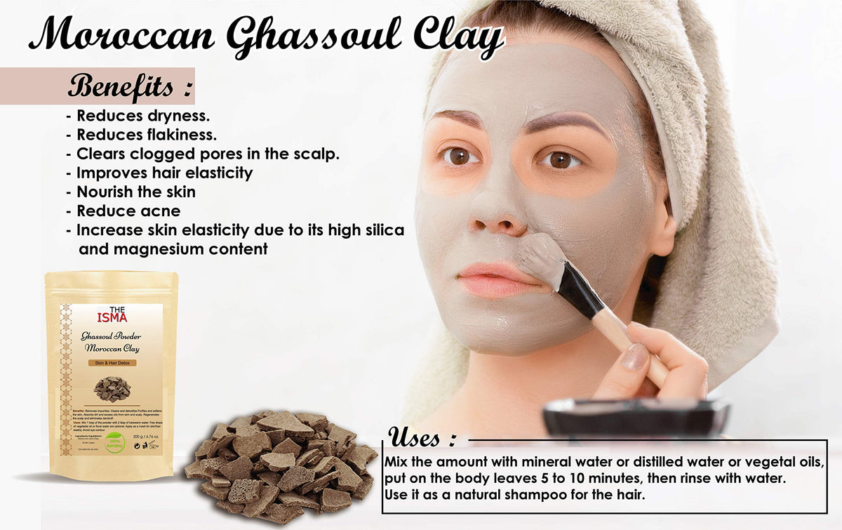 THE ISMA Moroccan Clay Powder for Face & Hair Mask | Ghassoul Clay, Green Clay, Red Clay & White Clay | Natural Cleansing Clay for Facial Mask, Hair Mask & Skin Care (100g, Green Clay)