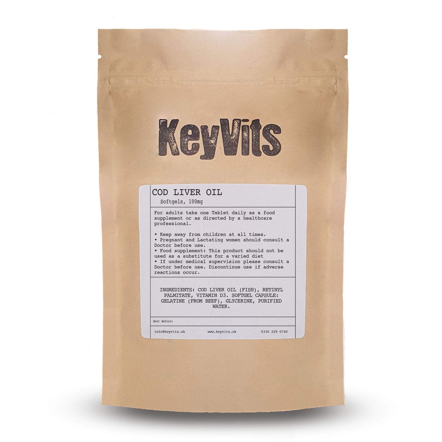 KeyVits Cod Liver Oil High Strength 1000mg, 365 Softgel Capsules, Rich in Omega 3 Fatty Acids, DHA, EPA and Vitamins A & D, Full Year Supply, Gluten Free