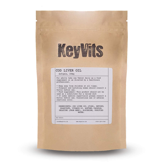 KeyVits Cod Liver Oil High Strength 1000mg, 365 Softgel Capsules, Rich in Omega 3 Fatty Acids, DHA, EPA and Vitamins A & D, Full Year Supply, Gluten Free