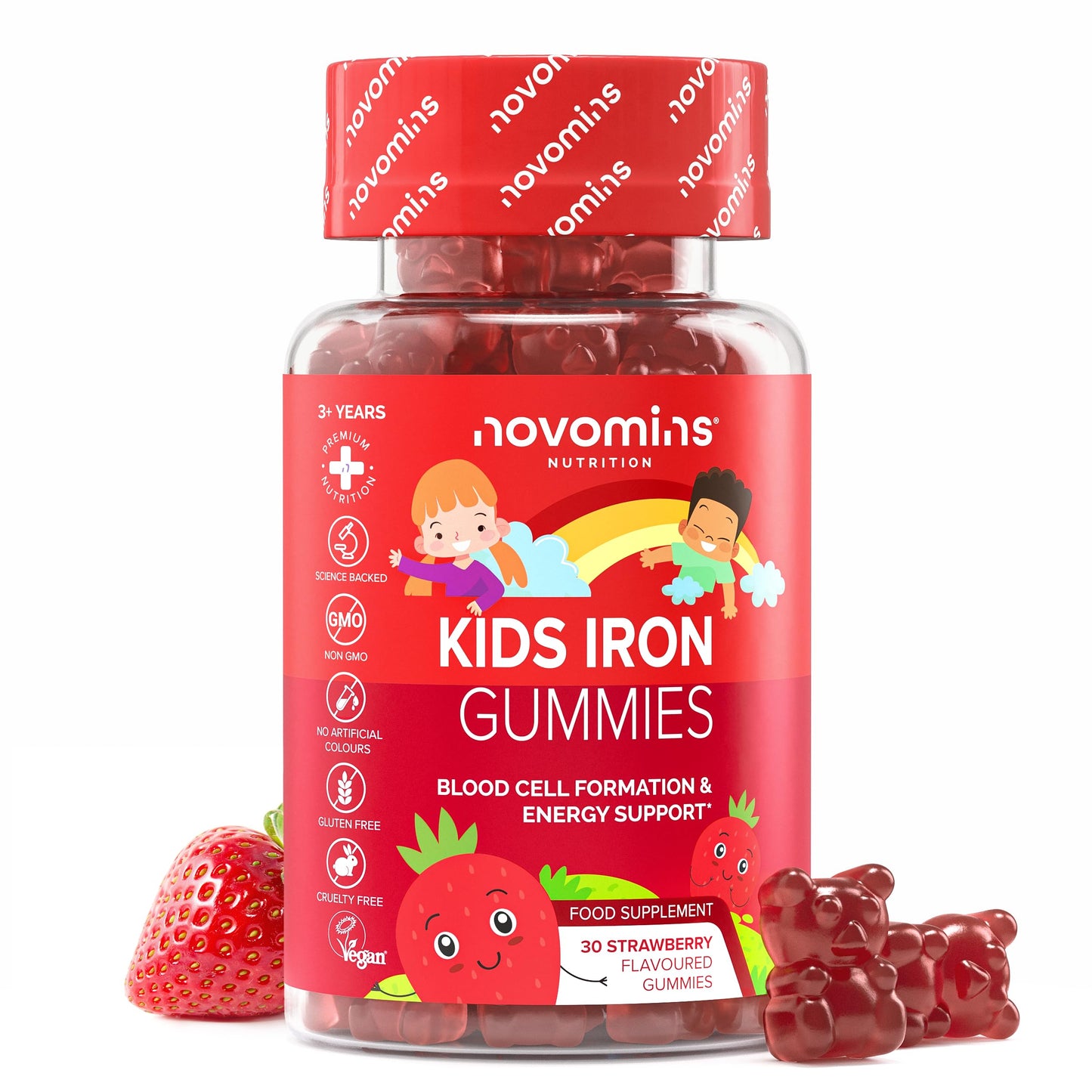 novomins Kids Iron Gummies - Iron Supplements with Vitamin C - Energy & Immune System - Iron Gummies for Kids - Alternative to Iron Tablets for Kids - 30 Gummies - Vegan & Gluten-Free - Novomins