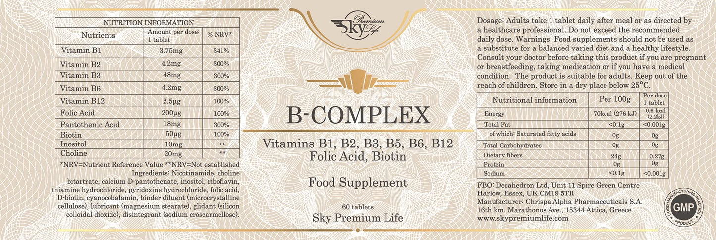 Sky Premium Life Vitamin B Complex with Vitamins B1, B2, B3, B5, B6, B12, Folic Acid & Biotin - 60 Tablets (1 Pack)