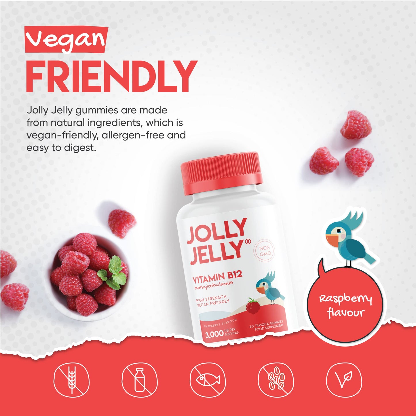 JOLLY JELLY Vitamin B12 Tapioca Gummies - 3,000mcg - High Strength Methylcobalamin Gummies - Non-GMO, Gluten Free, Raspberry Flavour - 60 Vegan Gummies. 1 Pack