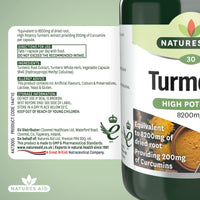 Natures Aid Turmeric 8200 mg, High Potency Extract plus Whole Herb, 200 mg Curcumins, Vegan, 30 Capsules
