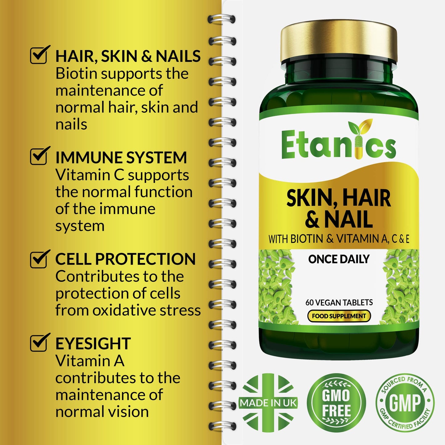 Etanics Skin, Hair & Nails with Biotin & Vitamins A, C & E – 60 Tablets Beauty Supplements with Vitamin C & Biotin for Men and Women – Vegan and Vegetarian – Etanics - Made in The UK