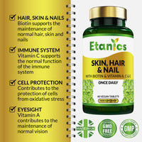 Etanics Skin, Hair & Nails with Biotin & Vitamins A, C & E – 60 Tablets Beauty Supplements with Vitamin C & Biotin for Men and Women – Vegan and Vegetarian – Etanics - Made in The UK