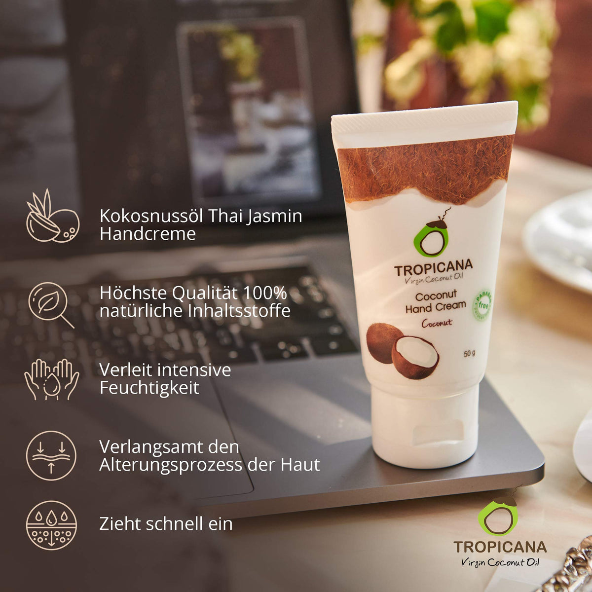 Tropicana Virgin Coconut Oil Tropicana Oil Natural Hand Cream with Coconut Oil 50g | Moisturising Care for Hands and Nails | Cold Pressed Virgin Organic Coconut Oil Hand Lotion | Shea Butter&Vitamin E | Premium Natural Cosmetics