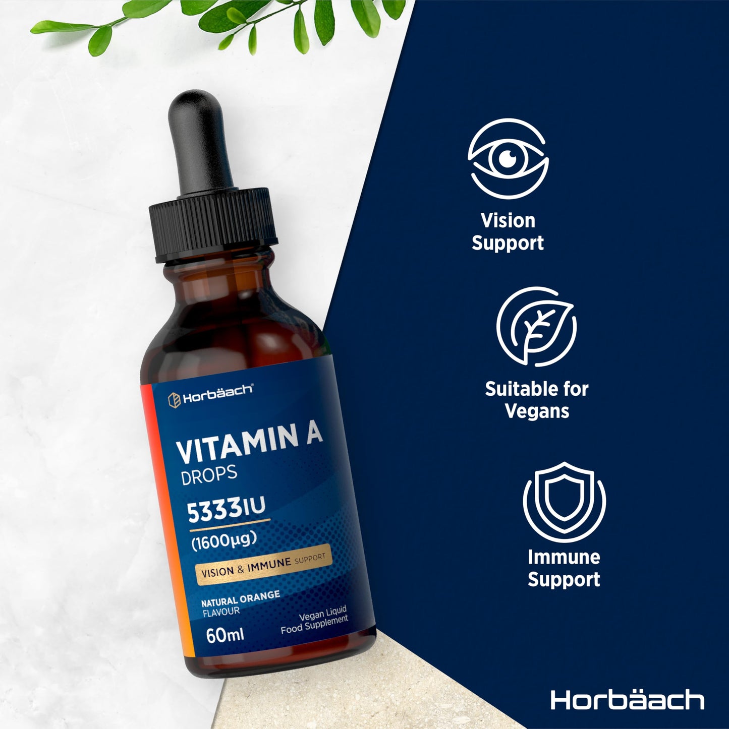 Horbäach Vitamin A Drops 5333IU | 60 mL | High Strength Vitamin A as Retinol Palmitate | Vegan Liquid Oral Supplement for Adults | Orange Flavour | By Horbaach