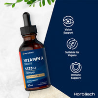 Horbäach Vitamin A Drops 5333IU | 60 mL | High Strength Vitamin A as Retinol Palmitate | Vegan Liquid Oral Supplement for Adults | Orange Flavour | By Horbaach