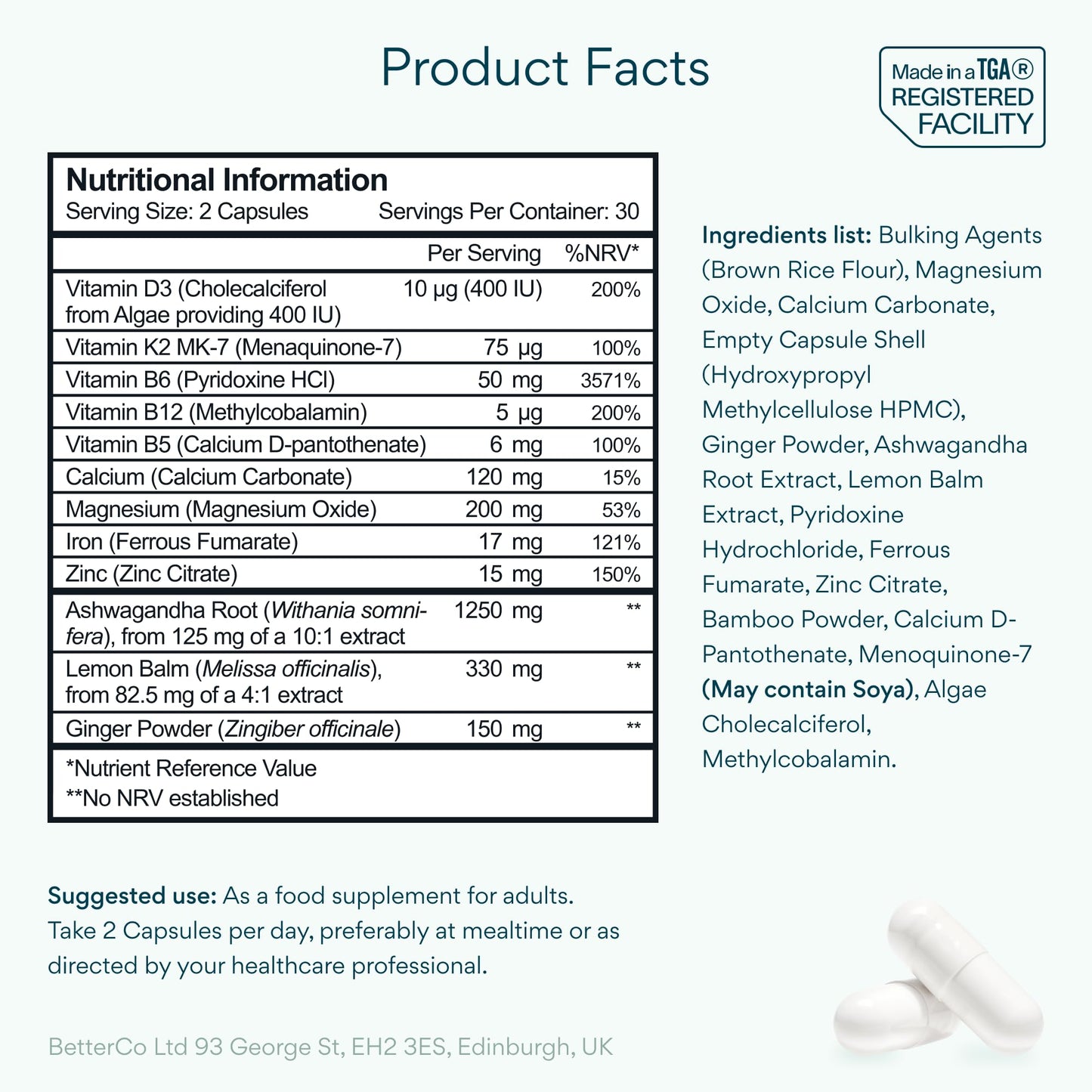 Bettervits PMS Complex with Lemon Balm & Ginger | Hormone Balance for Women with Ashwagandha | PMS Supplements for Women with Vitamin B5, B6, B12, D3, K2 | Female Support Supplements - 60 Capsules