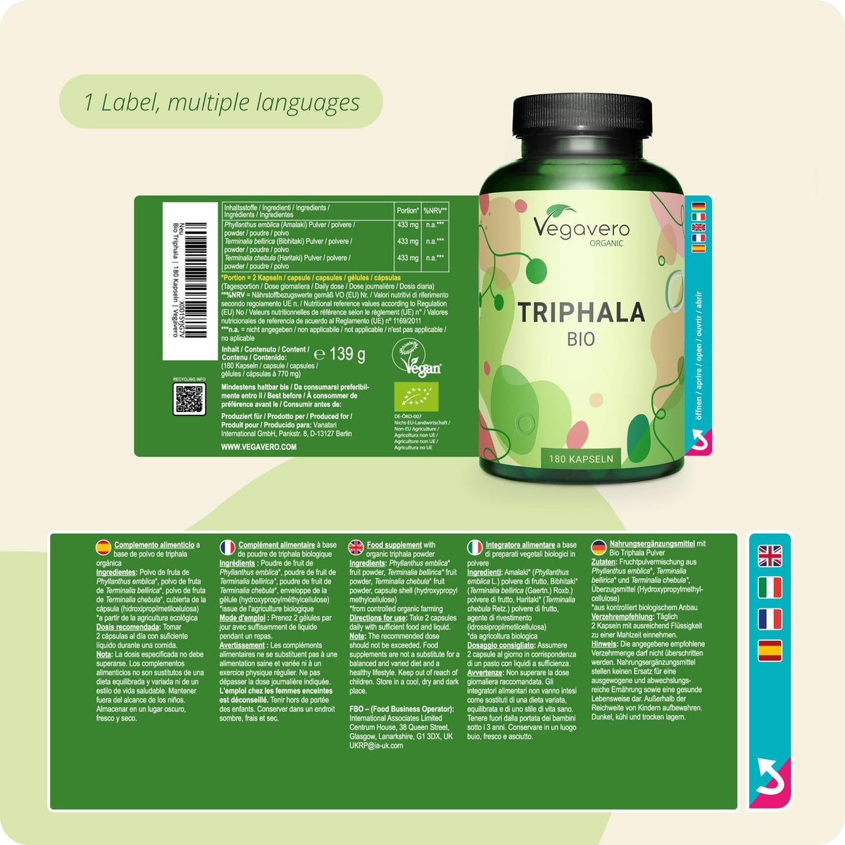 Vegavero Pure Triphala Powder Organic 1300 mg | 180 Capsules (3 Month Supply) | NO Additives, Lab-Tested | Ayurveda Products | Gut Health Supplements & Immune System Booster | Vegan