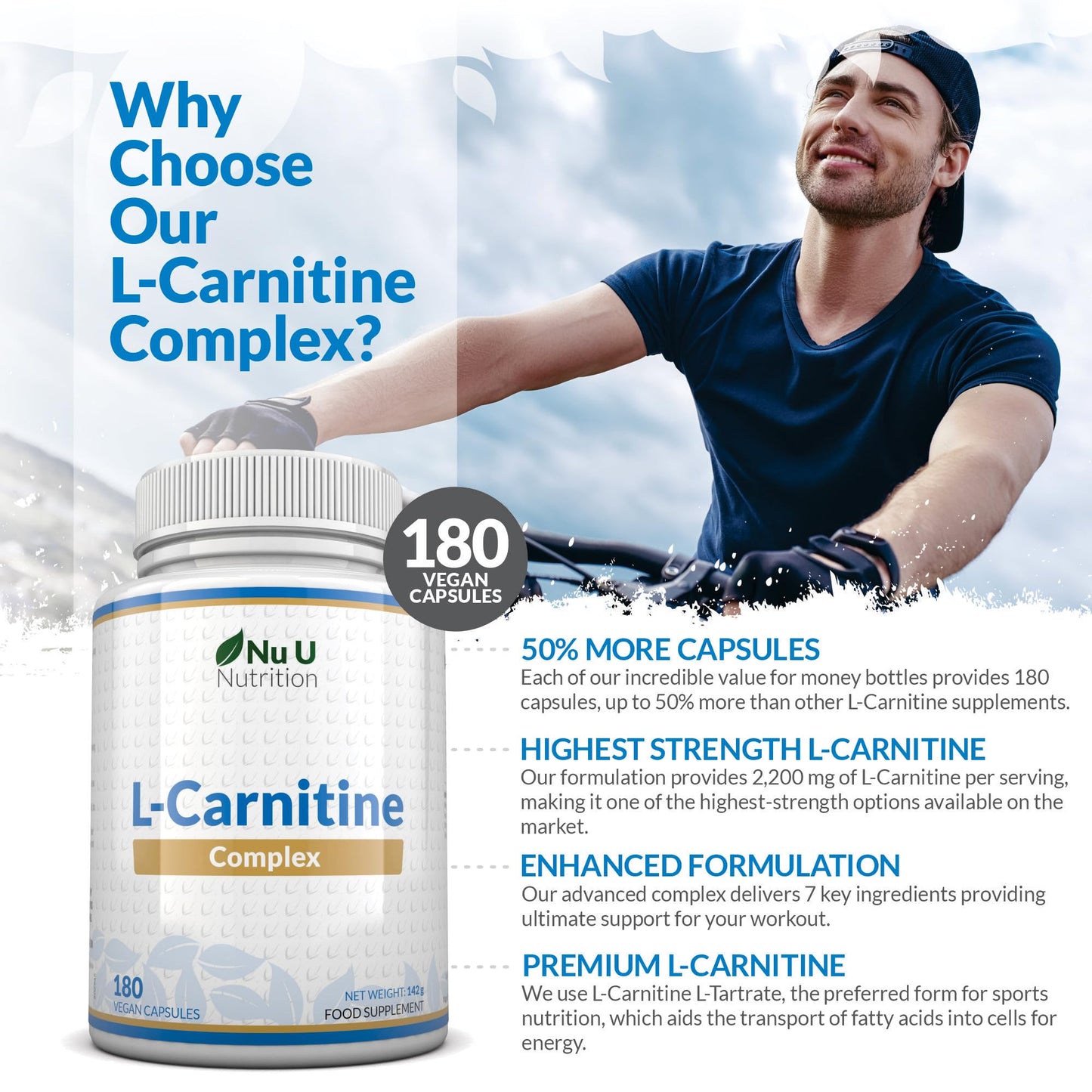 L-Carnitine Complex 2200mg - 180 High Strength Vegan Capsules - with Riboflavin, Biotin, Chromium, Vitamin D, B3 & B6 - L Carnitine Tartrate Supplement - Made in The UK - Nu U Nutrition